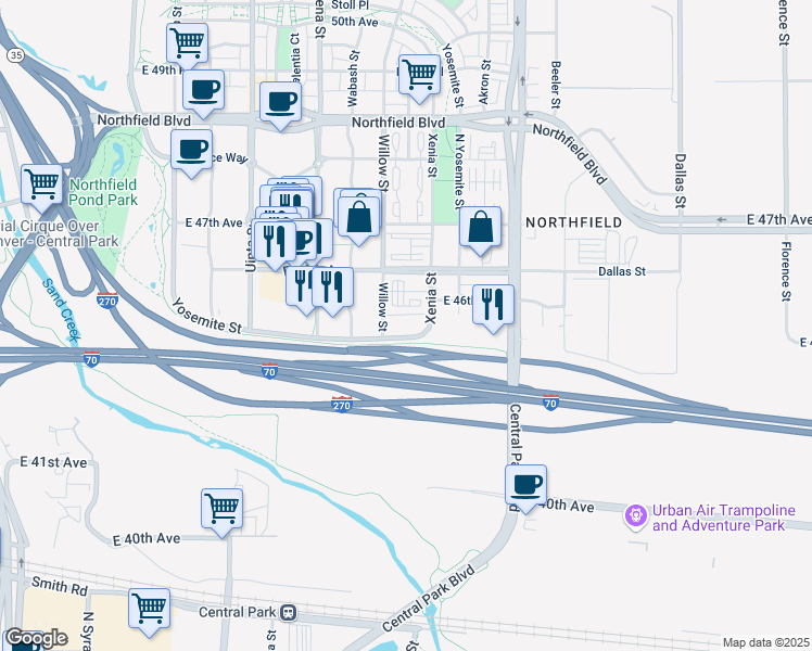map of restaurants, bars, coffee shops, grocery stores, and more near 4501 Xenia Street in Denver