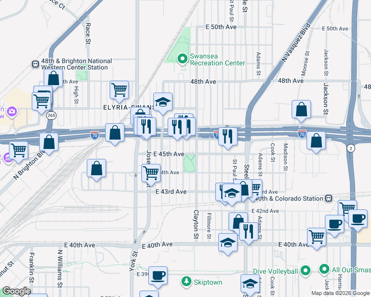 map of restaurants, bars, coffee shops, grocery stores, and more near 2630 East 46th Avenue in Denver