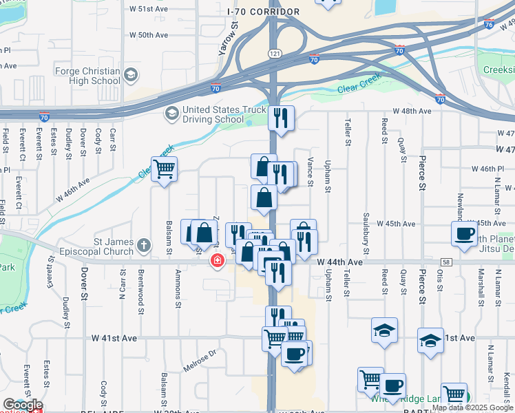 map of restaurants, bars, coffee shops, grocery stores, and more near 4575 Wadsworth Boulevard in Wheat Ridge