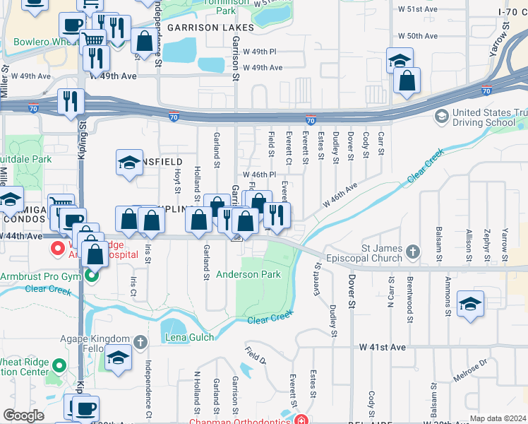 map of restaurants, bars, coffee shops, grocery stores, and more near 4540 Flower Street in Wheat Ridge