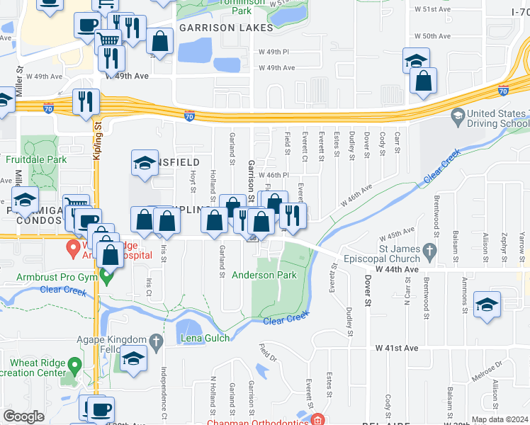 map of restaurants, bars, coffee shops, grocery stores, and more near 4540 Flower Street in Wheat Ridge