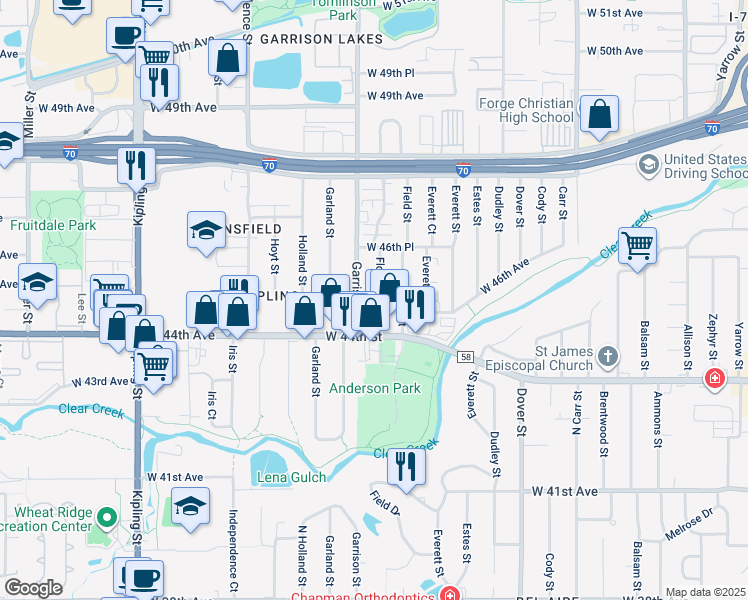 map of restaurants, bars, coffee shops, grocery stores, and more near 4540 Flower Street in Wheat Ridge
