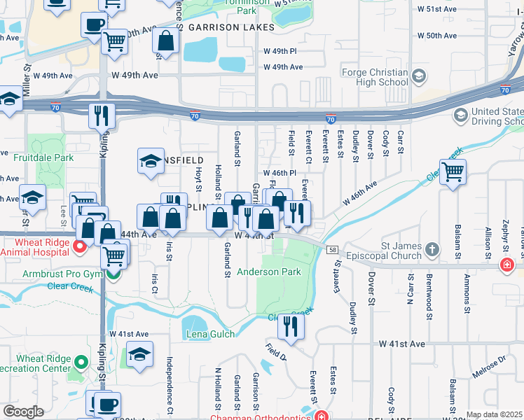 map of restaurants, bars, coffee shops, grocery stores, and more near 4535 Garrison Street in Wheat Ridge