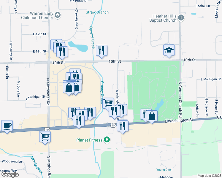 map of restaurants, bars, coffee shops, grocery stores, and more near 603 Washington Pointe Drive in Indianapolis