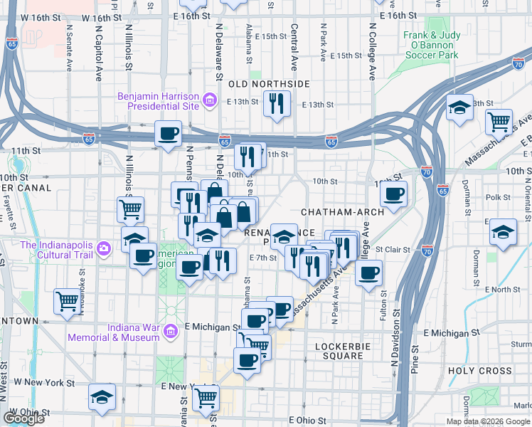 map of restaurants, bars, coffee shops, grocery stores, and more near 934 Fort Wayne Avenue in Indianapolis