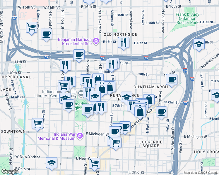 map of restaurants, bars, coffee shops, grocery stores, and more near 237 East Saint Joseph Street in Indianapolis