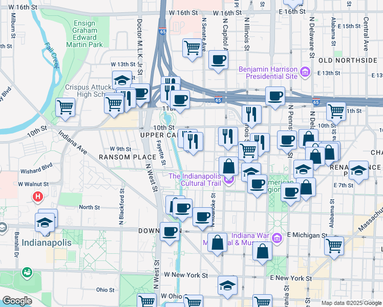 map of restaurants, bars, coffee shops, grocery stores, and more near 351W West 10th Street in Indianapolis