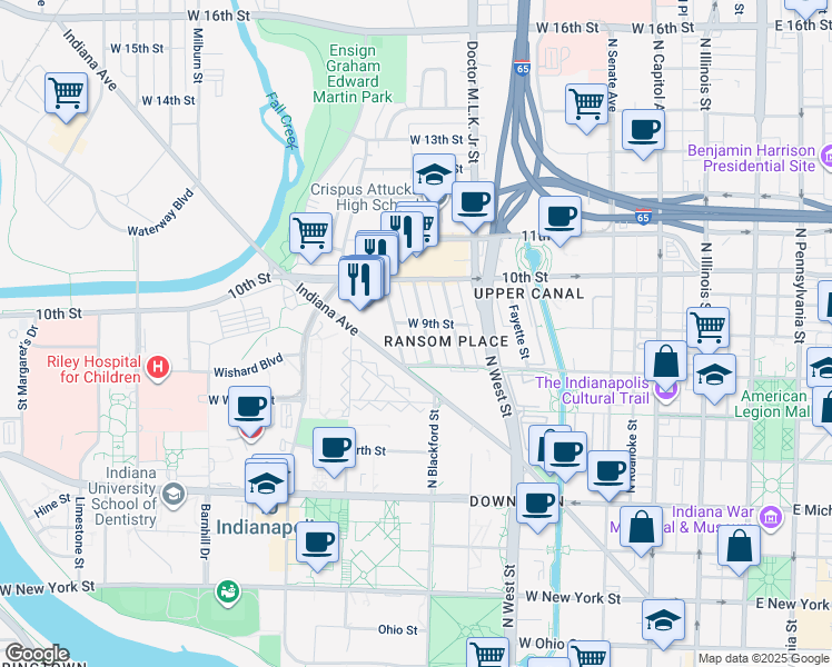map of restaurants, bars, coffee shops, grocery stores, and more near in Indianapolis