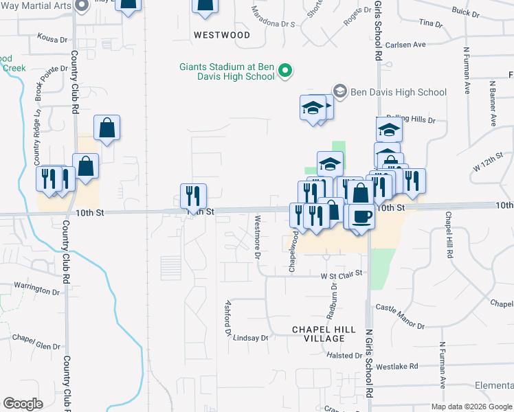 map of restaurants, bars, coffee shops, grocery stores, and more near 7700-7748 West 10th Street in Indianapolis