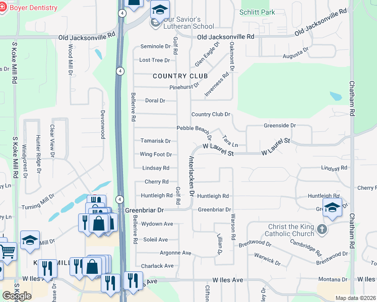 map of restaurants, bars, coffee shops, grocery stores, and more near 166 Golf Road in Springfield