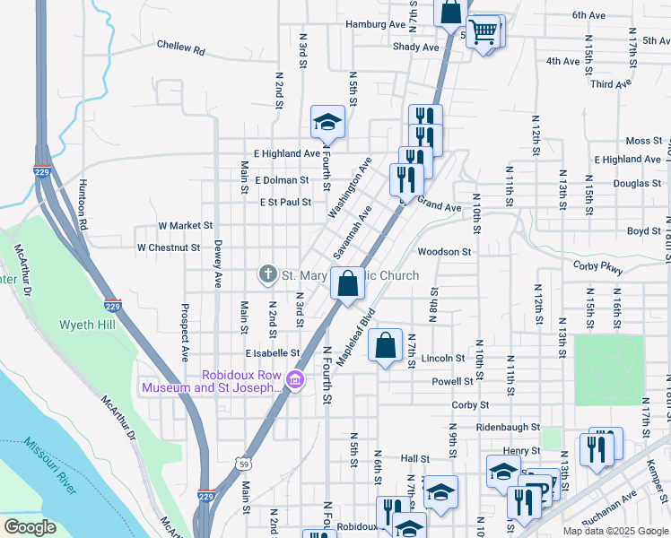 map of restaurants, bars, coffee shops, grocery stores, and more near 407 Pendleton Street in Saint Joseph