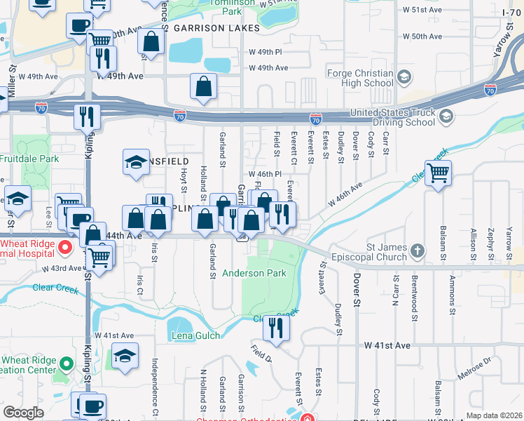 map of restaurants, bars, coffee shops, grocery stores, and more near 4540 Flower Street in Wheat Ridge