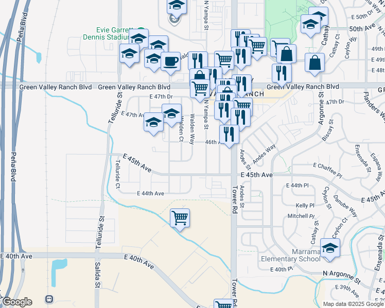 map of restaurants, bars, coffee shops, grocery stores, and more near 4448 Walden Way in Denver