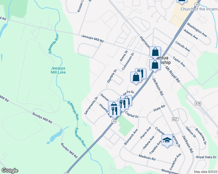 map of restaurants, bars, coffee shops, grocery stores, and more near 642 Olympia Street in Gloucester County