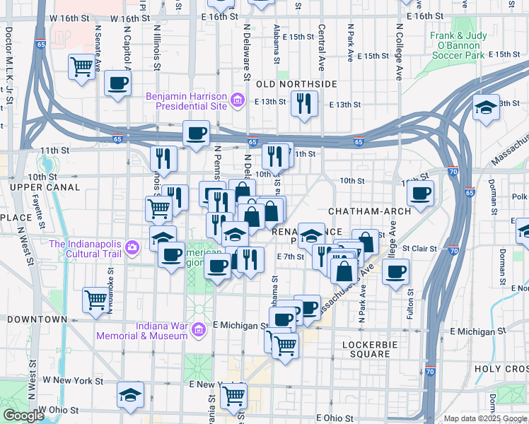 map of restaurants, bars, coffee shops, grocery stores, and more near 237 East Saint Joseph Street in Indianapolis