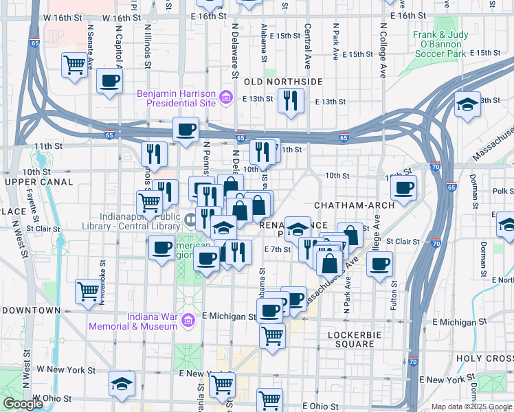map of restaurants, bars, coffee shops, grocery stores, and more near 234 9th Street in Indianapolis