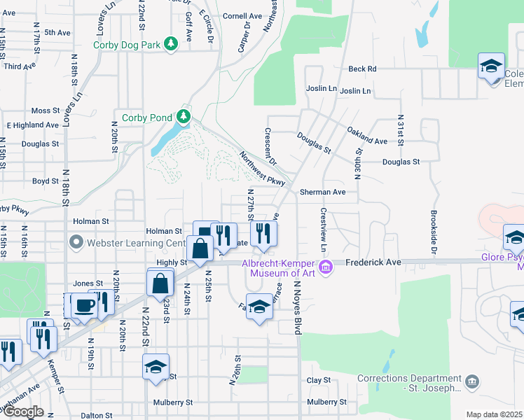 map of restaurants, bars, coffee shops, grocery stores, and more near 2714 Osage Street in Saint Joseph