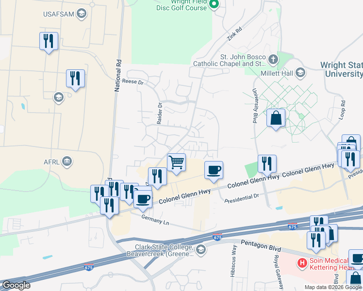 map of restaurants, bars, coffee shops, grocery stores, and more near 1451 Holly Bush Drive in Fairborn