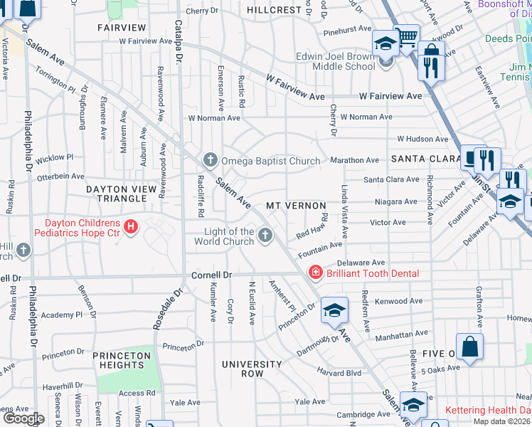 map of restaurants, bars, coffee shops, grocery stores, and more near 634 Ridgedale Road in Dayton