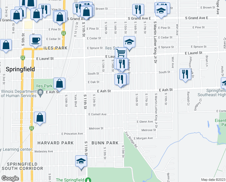 map of restaurants, bars, coffee shops, grocery stores, and more near 2100 South 14th Street in Springfield