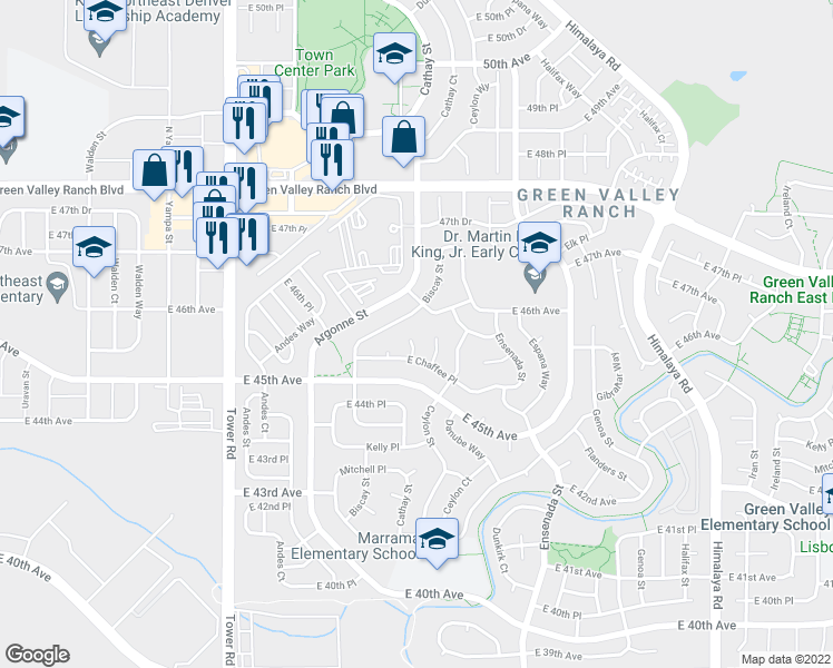 map of restaurants, bars, coffee shops, grocery stores, and more near 4564 Cathay Street in Denver