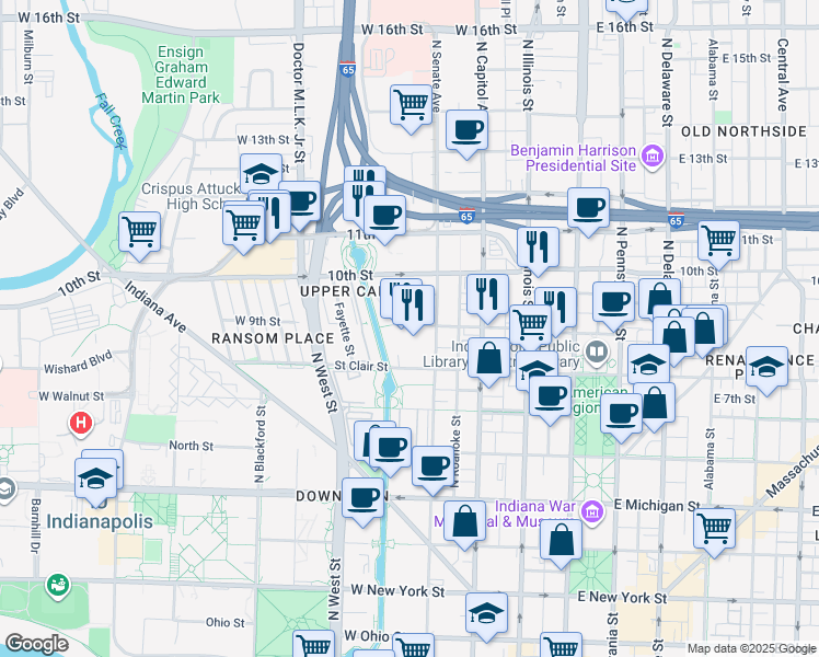 map of restaurants, bars, coffee shops, grocery stores, and more near 351W West 10th Street in Indianapolis