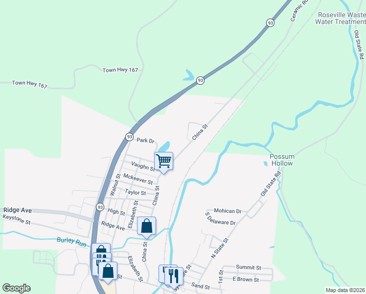 map of restaurants, bars, coffee shops, grocery stores, and more near 6595 Ceramic Road in Crooksville