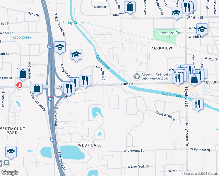 map of restaurants, bars, coffee shops, grocery stores, and more near 5805 West 10th Street in Indianapolis