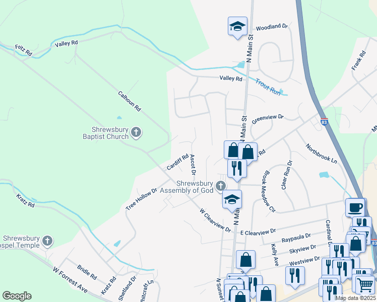 map of restaurants, bars, coffee shops, grocery stores, and more near 11 Ascot Drive in Shrewsbury