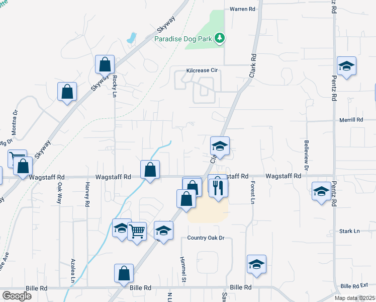 map of restaurants, bars, coffee shops, grocery stores, and more near 6452 Rix Lane in Paradise