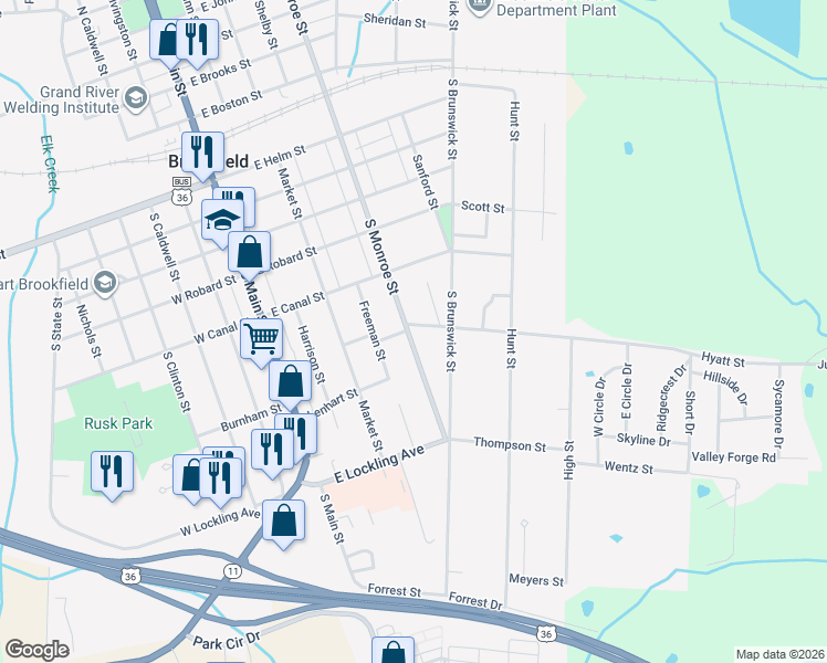 map of restaurants, bars, coffee shops, grocery stores, and more near 501-599 South Monroe Street in Brookfield