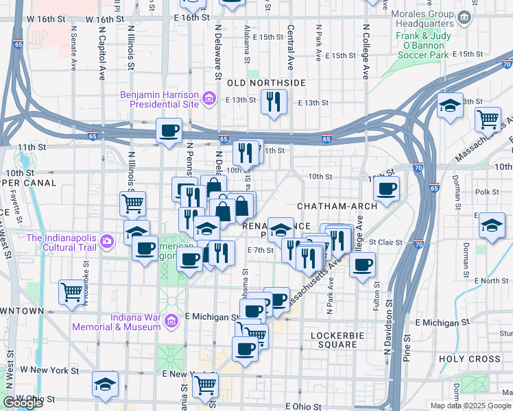 map of restaurants, bars, coffee shops, grocery stores, and more near 918 Fort Wayne Avenue in Indianapolis