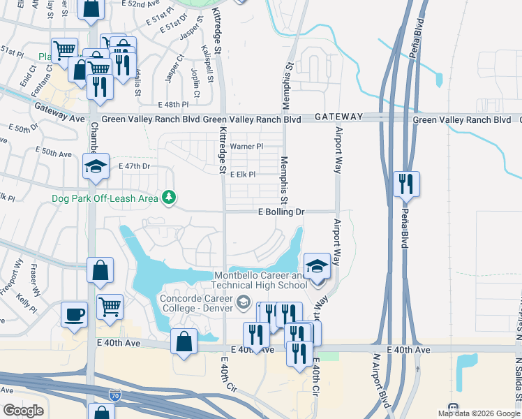 map of restaurants, bars, coffee shops, grocery stores, and more near 16191 East 47th Place in Denver