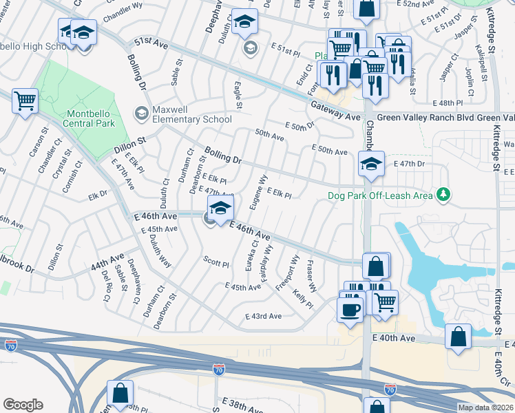 map of restaurants, bars, coffee shops, grocery stores, and more near 4735 Eugene Way in Denver