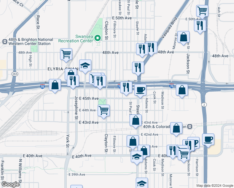 map of restaurants, bars, coffee shops, grocery stores, and more near 4543 Milwaukee Street in Denver