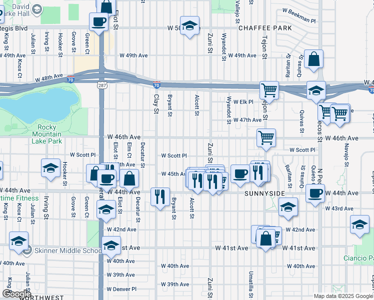 map of restaurants, bars, coffee shops, grocery stores, and more near 4598 Beach Court in Denver