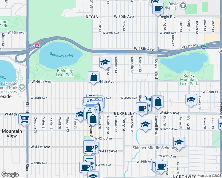 map of restaurants, bars, coffee shops, grocery stores, and more near 4100 West 46th Avenue in Denver