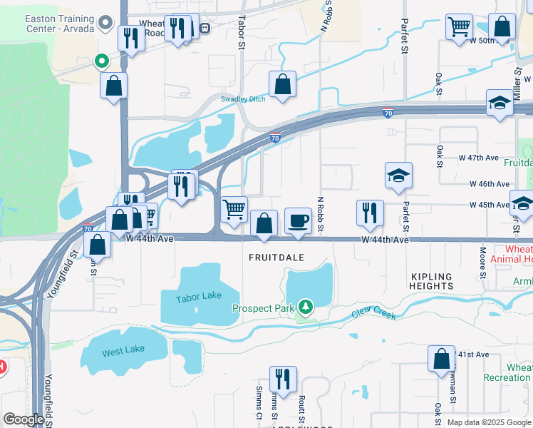 map of restaurants, bars, coffee shops, grocery stores, and more near 11640 West 46th Avenue in Wheat Ridge