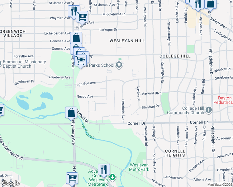 map of restaurants, bars, coffee shops, grocery stores, and more near 3625 Lori Sue Avenue in Dayton
