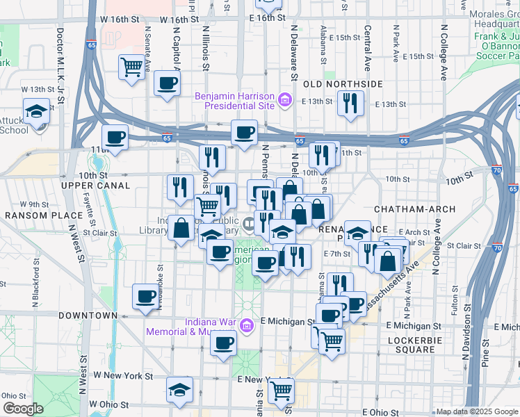 map of restaurants, bars, coffee shops, grocery stores, and more near 21 East Street Joseph Street in Indianapolis
