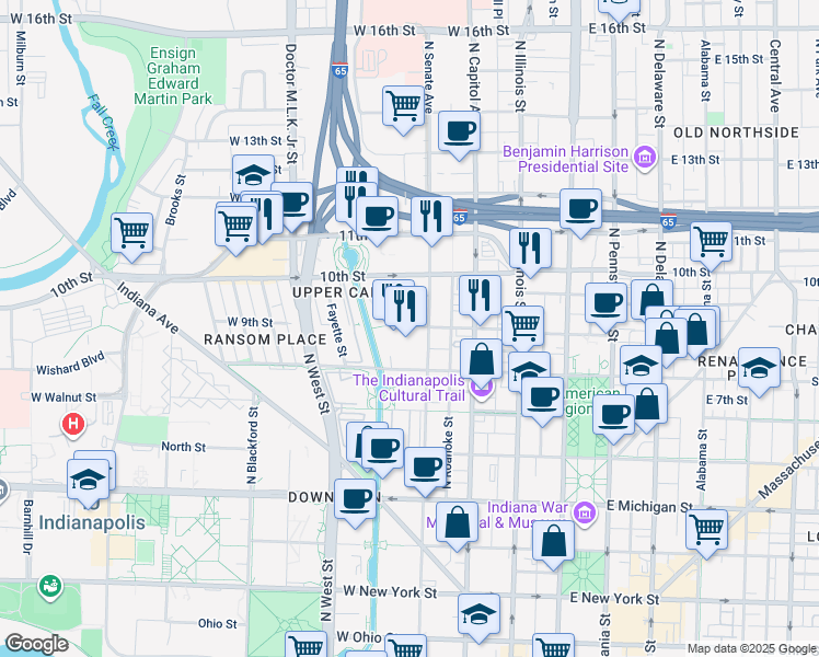 map of restaurants, bars, coffee shops, grocery stores, and more near 351W West 10th Street in Indianapolis
