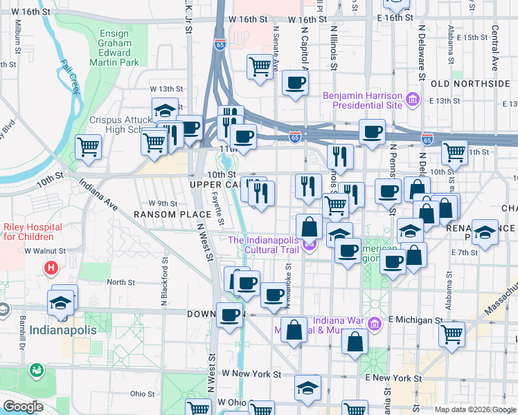 map of restaurants, bars, coffee shops, grocery stores, and more near 351W West 10th Street in Indianapolis