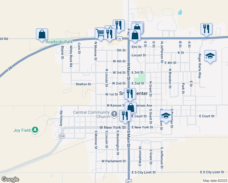 map of restaurants, bars, coffee shops, grocery stores, and more near 200-298 North Lincoln Street in Smith Center