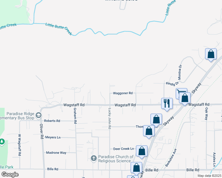 map of restaurants, bars, coffee shops, grocery stores, and more near 6546 Lucky John Road in Paradise