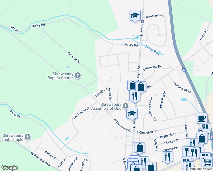 map of restaurants, bars, coffee shops, grocery stores, and more near 11 Ascot Drive in Shrewsbury