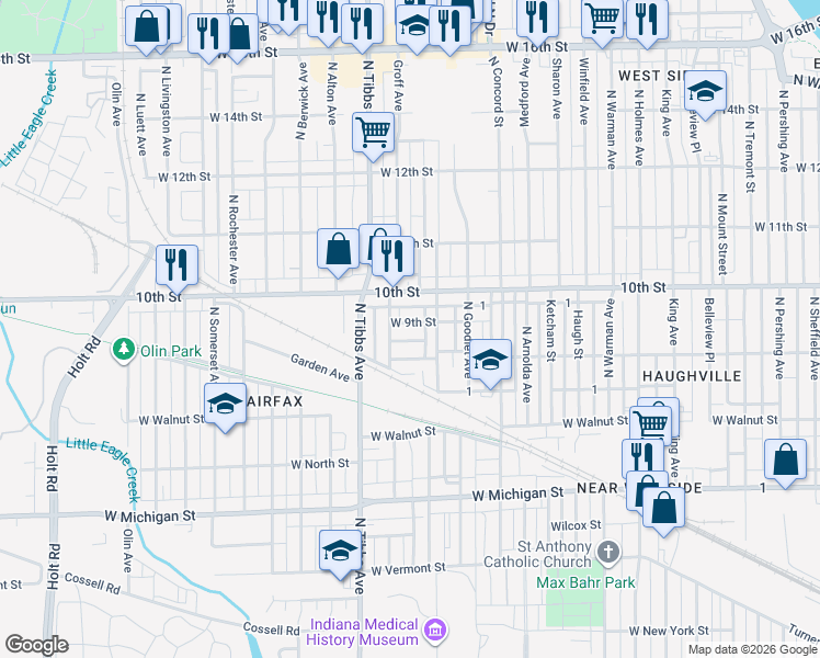 map of restaurants, bars, coffee shops, grocery stores, and more near 3331 West 9th Street in Indianapolis