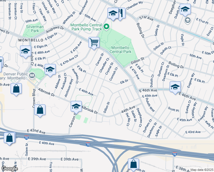 map of restaurants, bars, coffee shops, grocery stores, and more near 14345 East 47th Drive in Denver