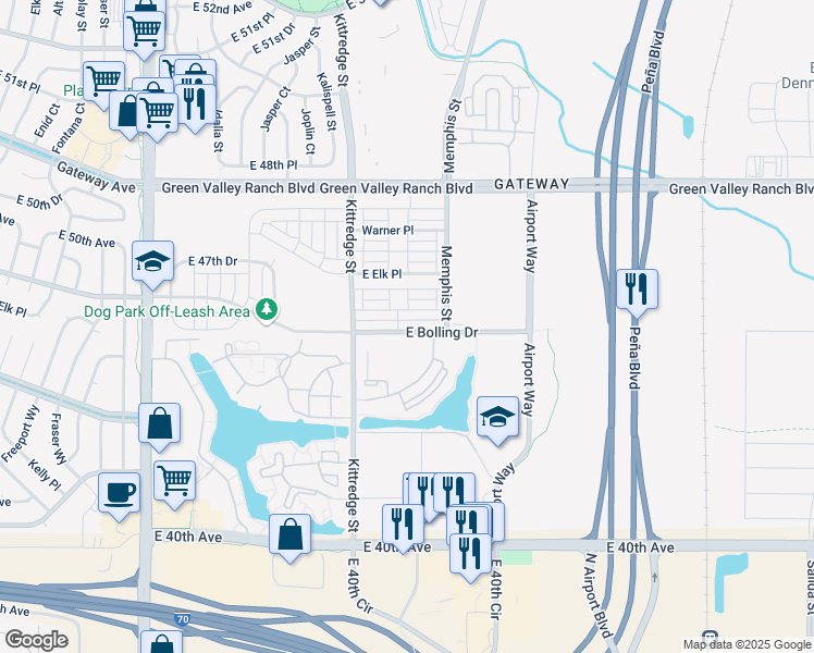 map of restaurants, bars, coffee shops, grocery stores, and more near 16191 East 47th Place in Denver