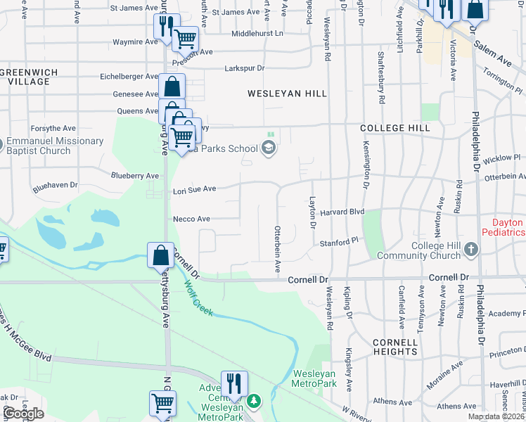 map of restaurants, bars, coffee shops, grocery stores, and more near 3625 Lori Sue Avenue in Dayton