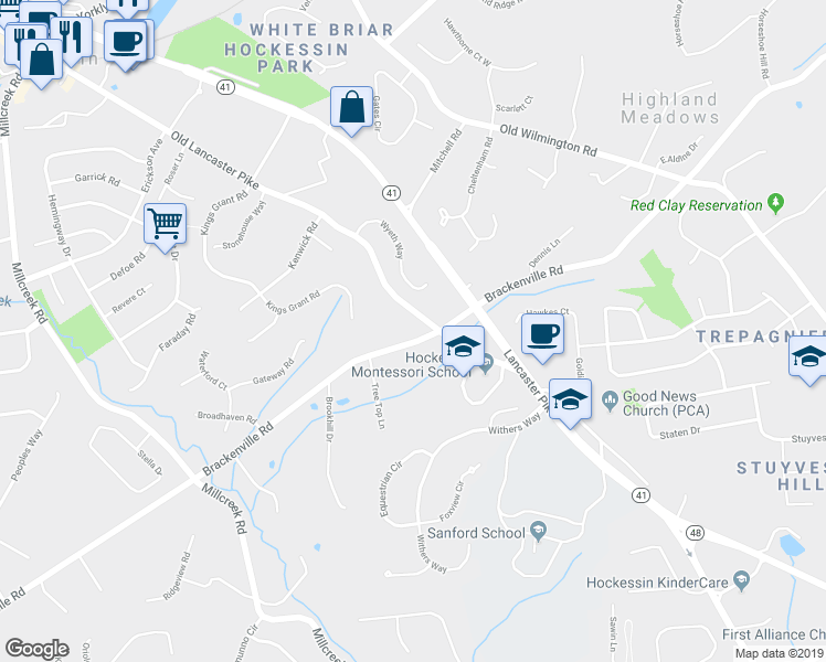 map of restaurants, bars, coffee shops, grocery stores, and more near 1930 Brackenville Road in Hockessin